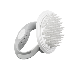 Spazzola bianca per cani con setole in silicone morbido e manico grigio rotante, per toelettatura delicata ed efficace.