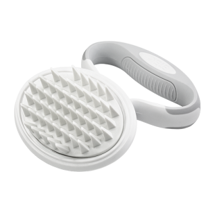 Spazzola removibile per cani con base morbida e manico grigio, ideale per peli sciolti e massaggio del mantello.