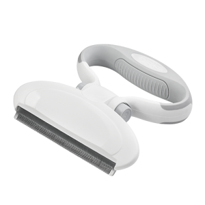 Pettine per cani e gatti con denti fini e manico grigio removibile, perfetto contro la muta e i nodi nel pelo.