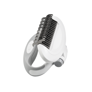 Pettine bianco rimuovi nodi con denti curvi in acciaio inox e manico grigio rotante, ideale per nodi e pelo morto.