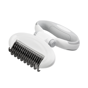 Rastrello sottopelo per cani e gatti con manico grigio removibile e denti metallici, per mantelli medi o lunghi.