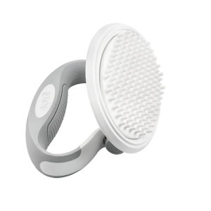 Spazzola gatto bianca con setole in silicone morbido e manico grigio rotante, ideale per nodi, pelo e cura quotidiana.