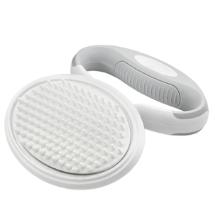 Spazzola per gatto con base bianca e manico grigio removibile, perfetta per spazzolare delicatamente e curare il mantello.